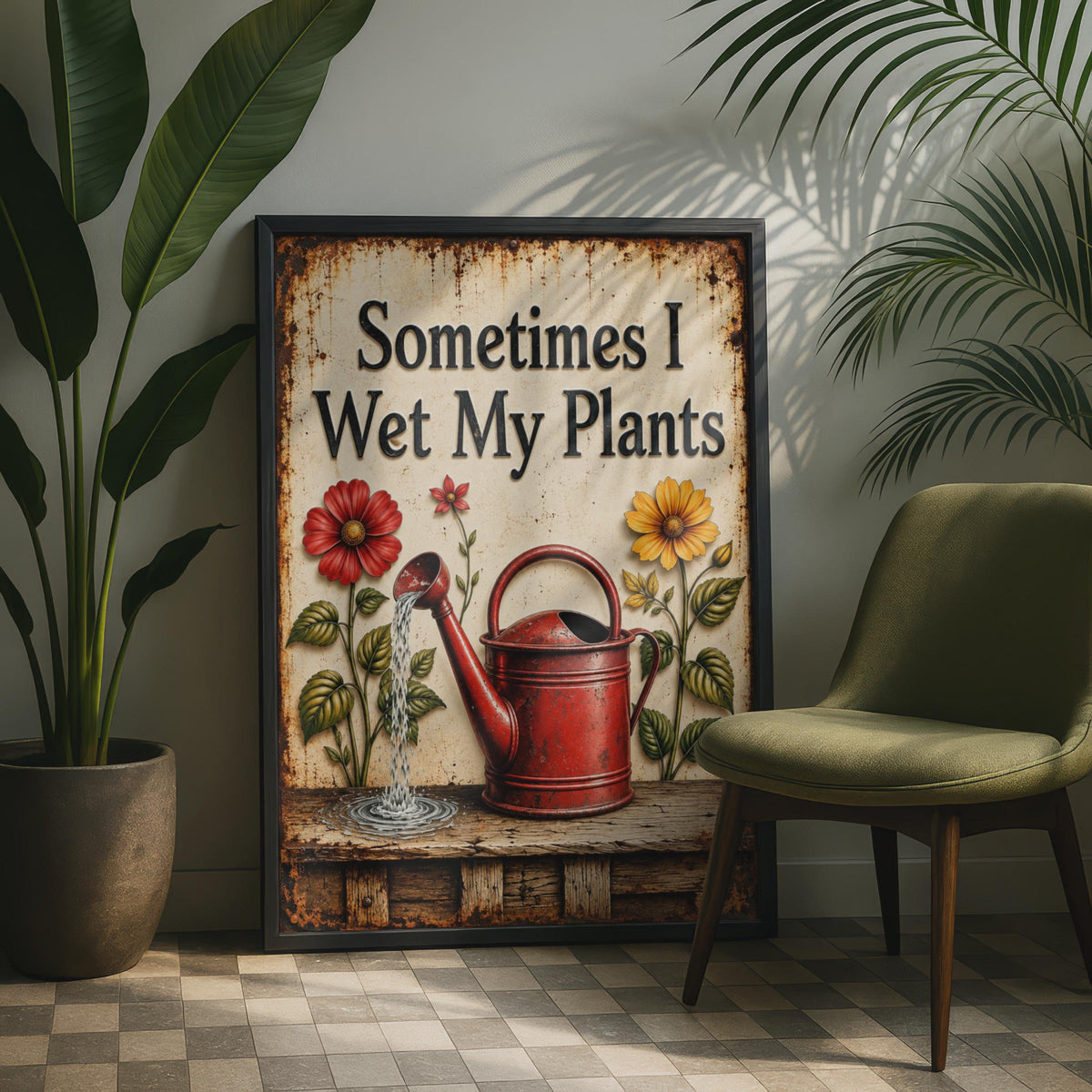 Sometimes I Wet My Plants Poster, Vintage Rustic Floral Garden Art (Print)