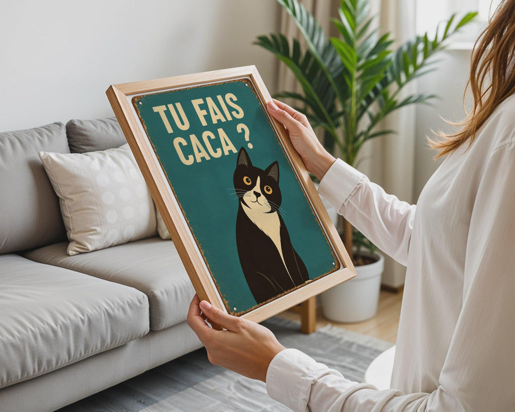 French Tuxedo Cat Poster, Retro Humour Bathroom Wall Art, Vintage Toilet Print