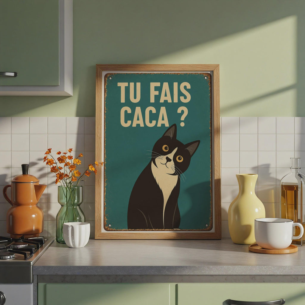 French Tuxedo Cat Poster, Retro Humour Bathroom Wall Art, Vintage Toilet Print
