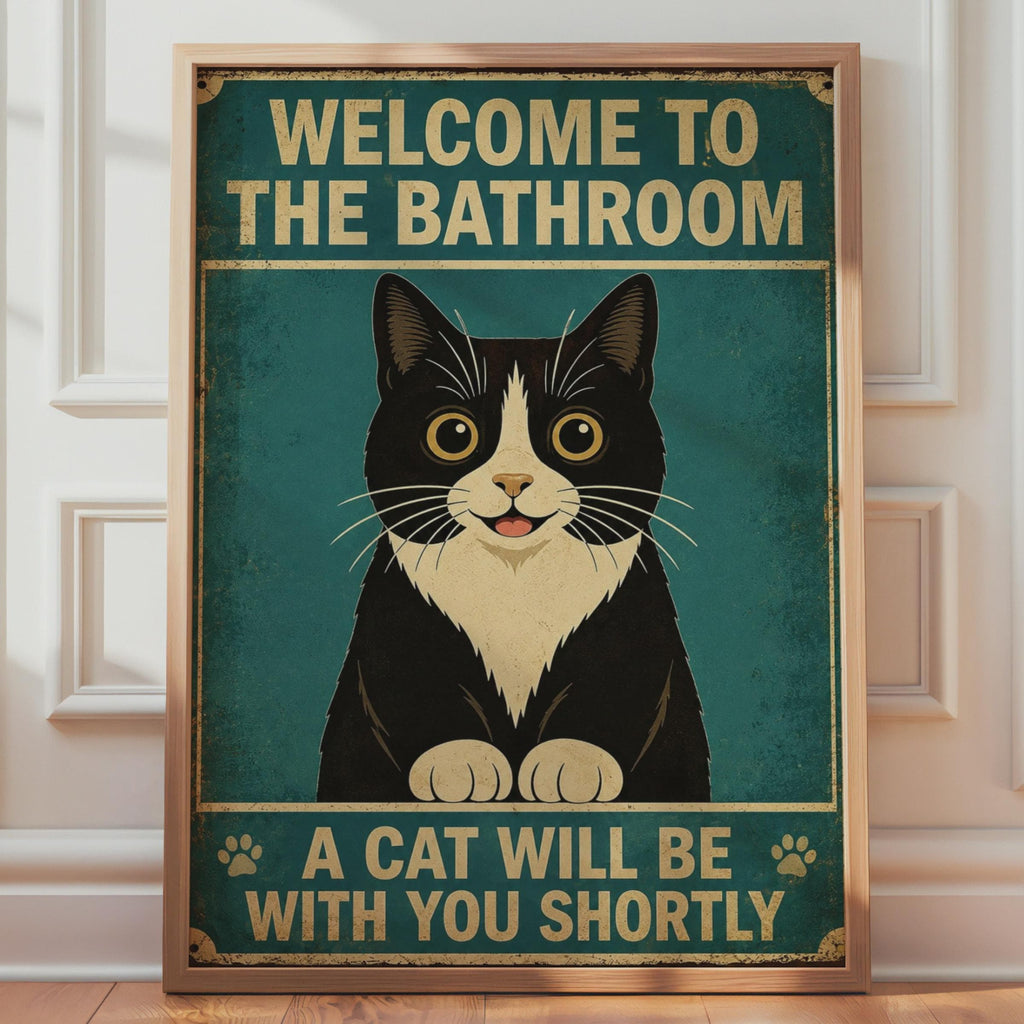 Welcome To The Bathroom A Cat Will Be With You Shortly, Funny Tuxedo Cat Poster, Vintage Retro Wall Art Print
