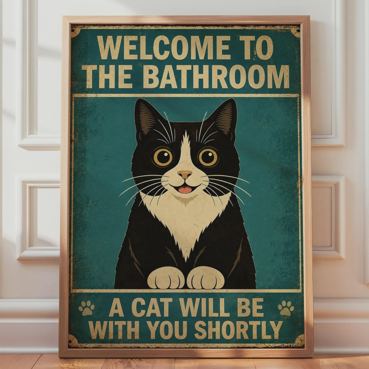 Welcome To The Bathroom A Cat Will Be With You Shortly, Funny Tuxedo Cat Poster, Vintage Retro Wall Art Print