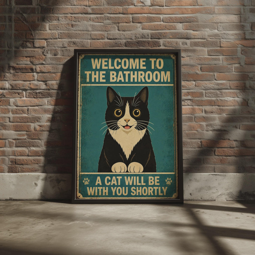 Welcome To The Bathroom A Cat Will Be With You Shortly, Funny Tuxedo Cat Poster, Vintage Retro Wall Art Print