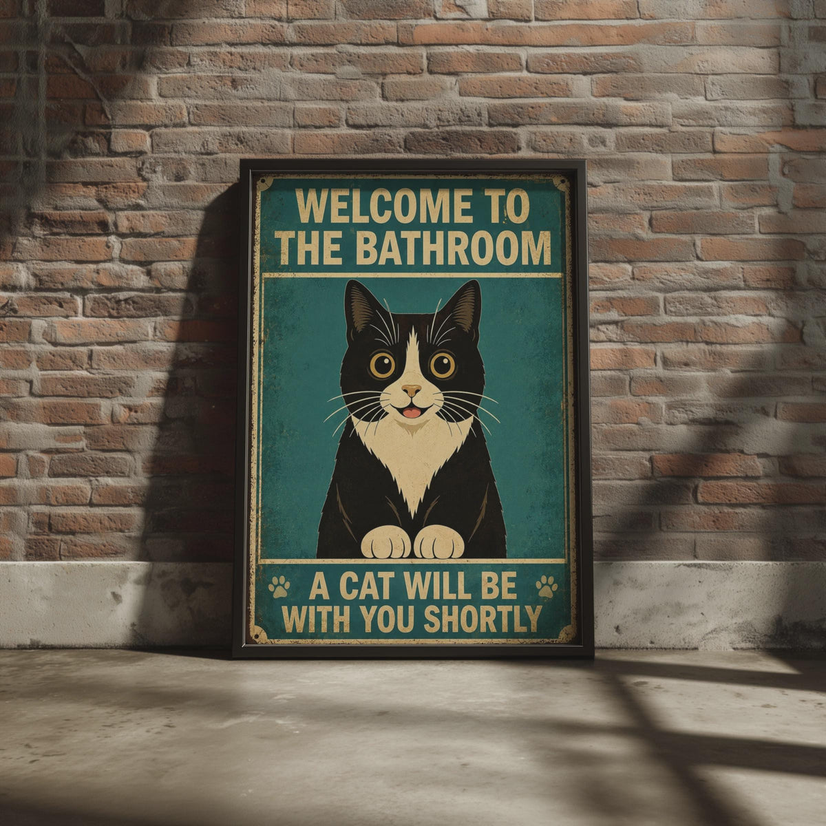 Welcome To The Bathroom A Cat Will Be With You Shortly, Funny Tuxedo Cat Poster, Vintage Retro Wall Art Print