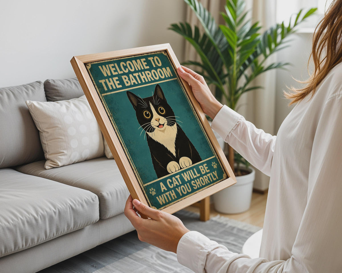 Welcome To The Bathroom A Cat Will Be With You Shortly, Funny Tuxedo Cat Poster, Vintage Retro Wall Art Print