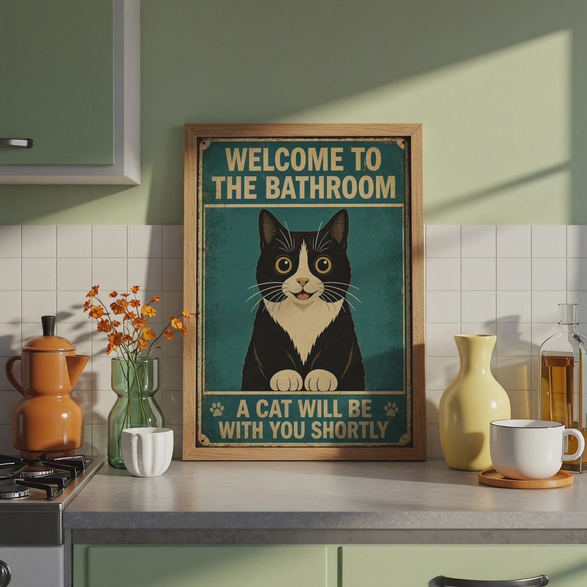 Welcome To The Bathroom A Cat Will Be With You Shortly, Funny Tuxedo Cat Poster, Vintage Retro Wall Art Print