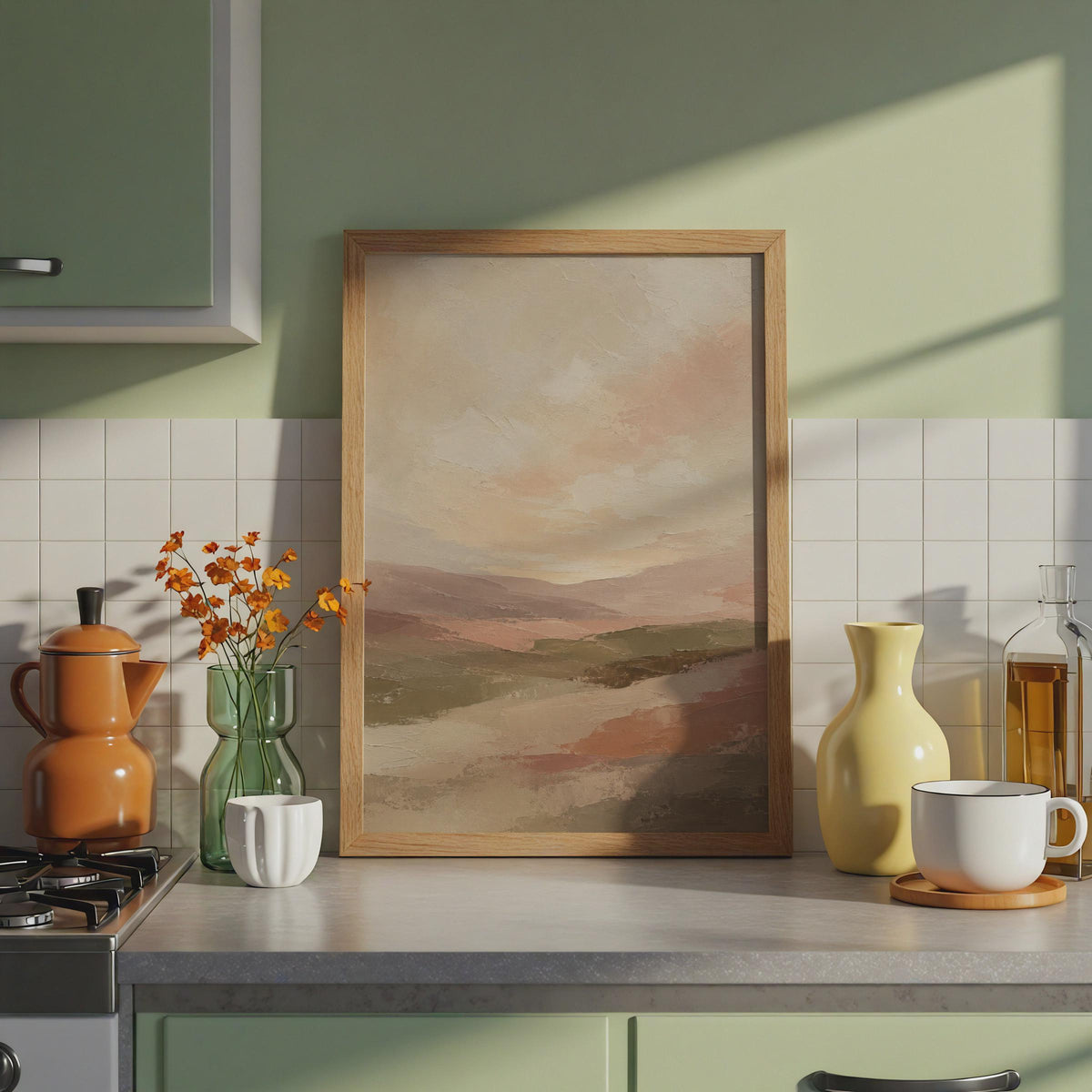 Abstract Landscape Print, Earthy Sunset Valley, Boho Neutral Wall Art