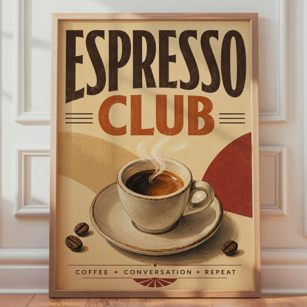 Espresso Club Retro Coffee Poster, Mid Century Cafe Wall Art, Terracotta Tones Print