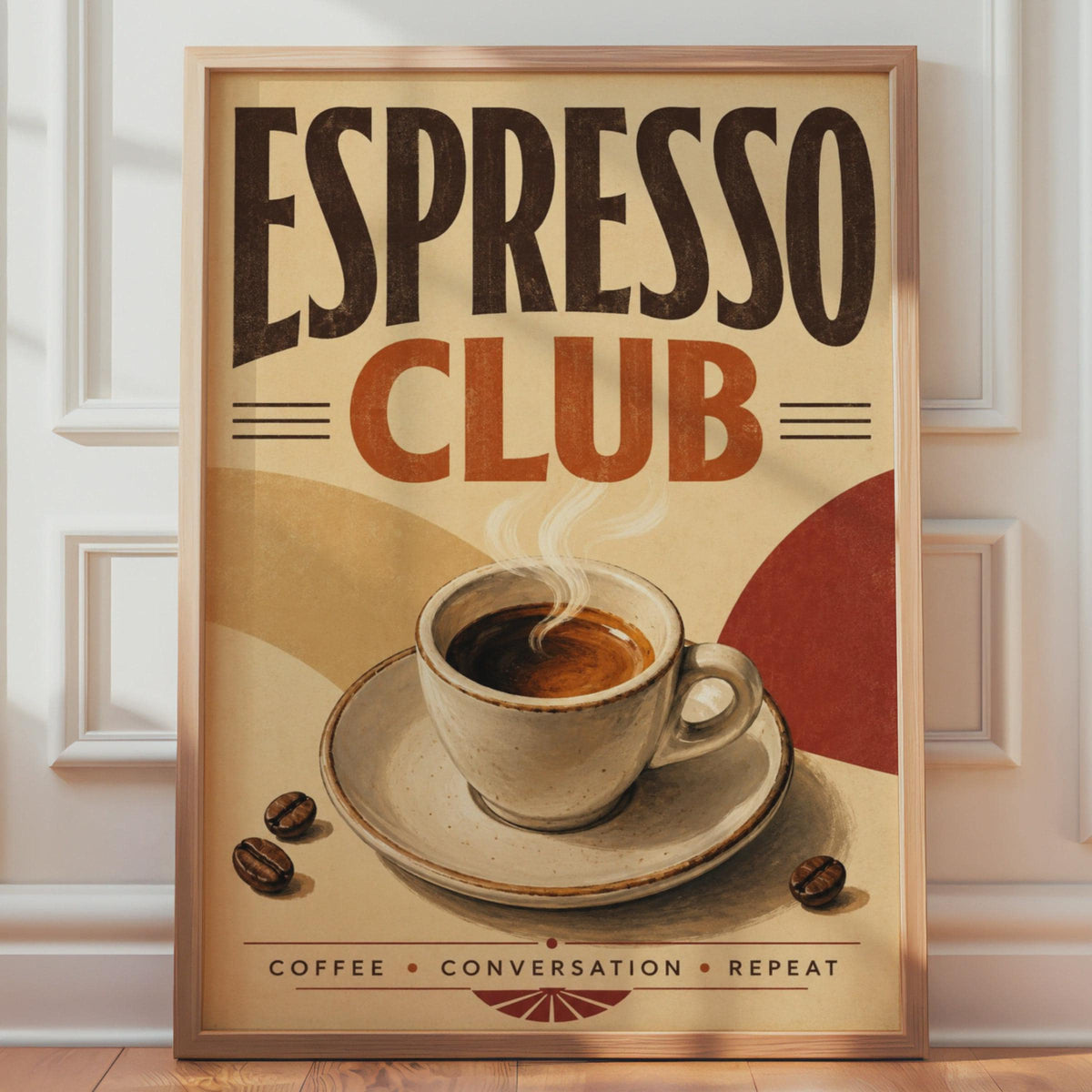 Espresso Club Retro Coffee Poster, Mid Century Cafe Wall Art, Terracotta Tones Print