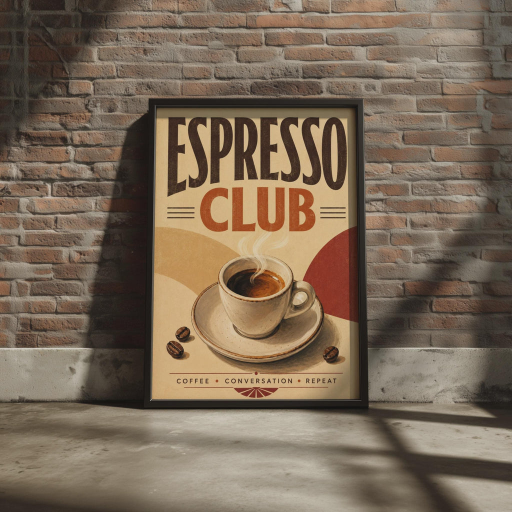 Espresso Club Retro Coffee Poster, Mid Century Cafe Wall Art, Terracotta Tones Print