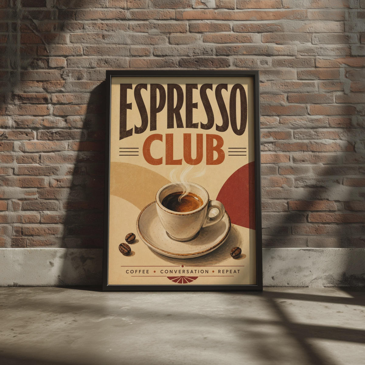 Espresso Club Retro Coffee Poster, Mid Century Cafe Wall Art, Terracotta Tones Print