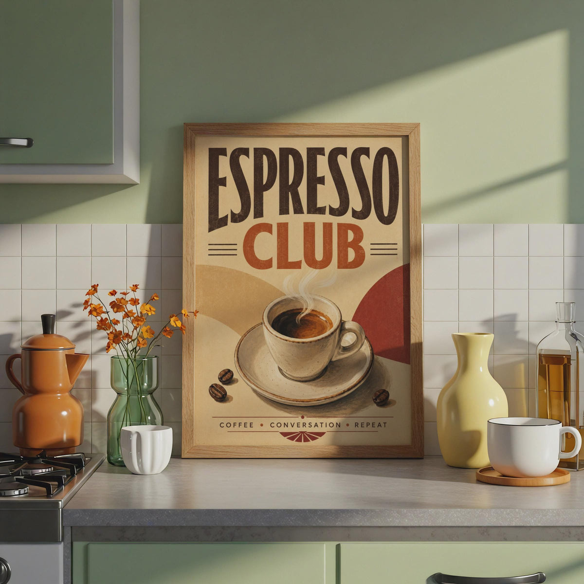 Espresso Club Retro Coffee Poster, Mid Century Cafe Wall Art, Terracotta Tones Print
