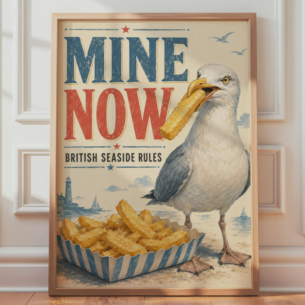 Seagull Stealing Chips Poster, Funny British Seaside Wall Art, Retro Coastal Print