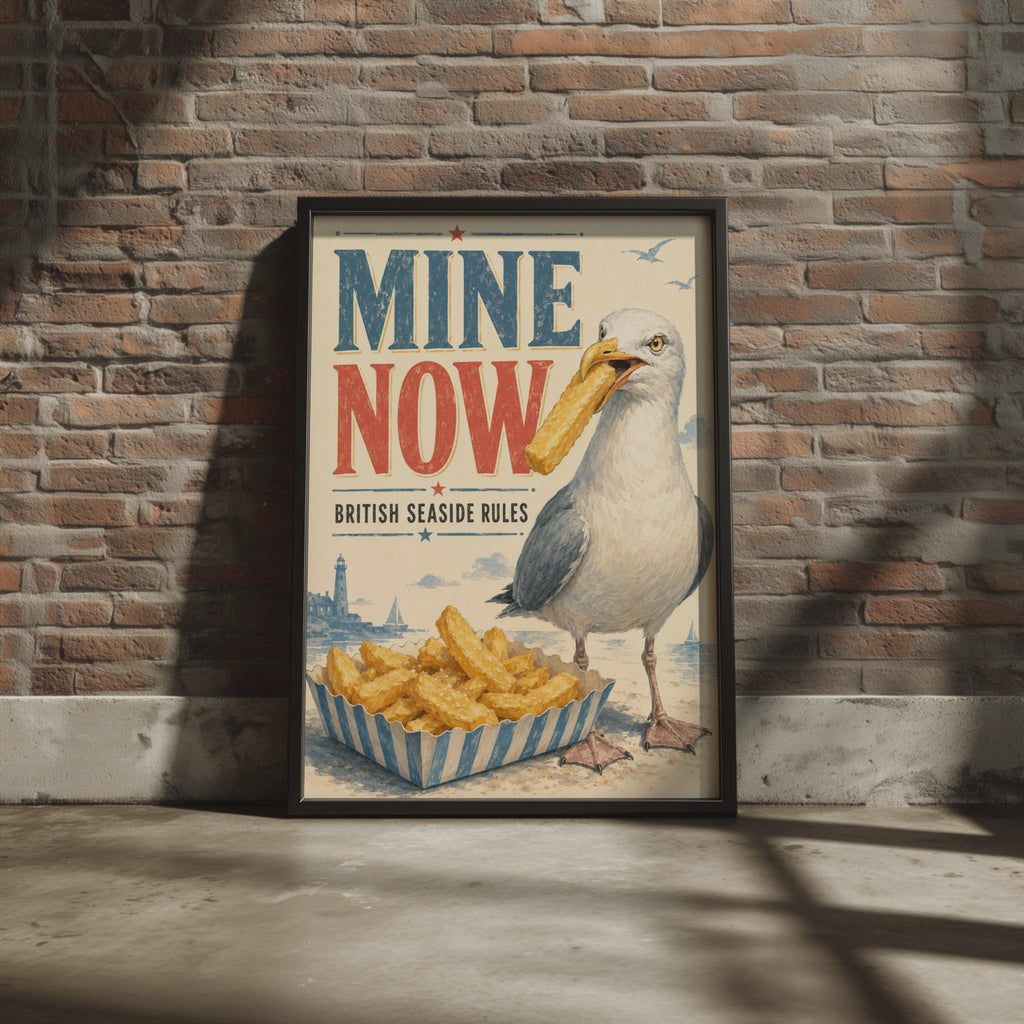 Seagull Stealing Chips Poster, Funny British Seaside Wall Art, Retro Coastal Print