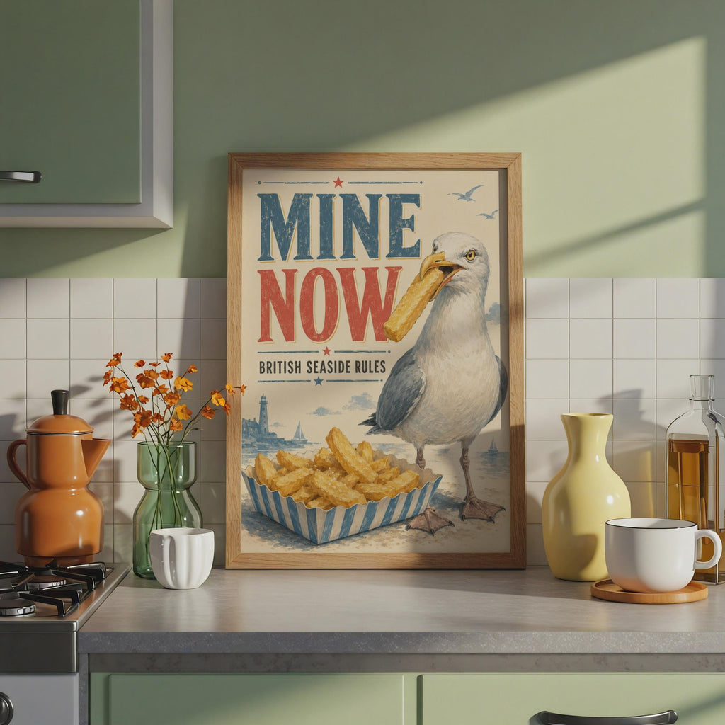 Seagull Stealing Chips Poster, Funny British Seaside Wall Art, Retro Coastal Print
