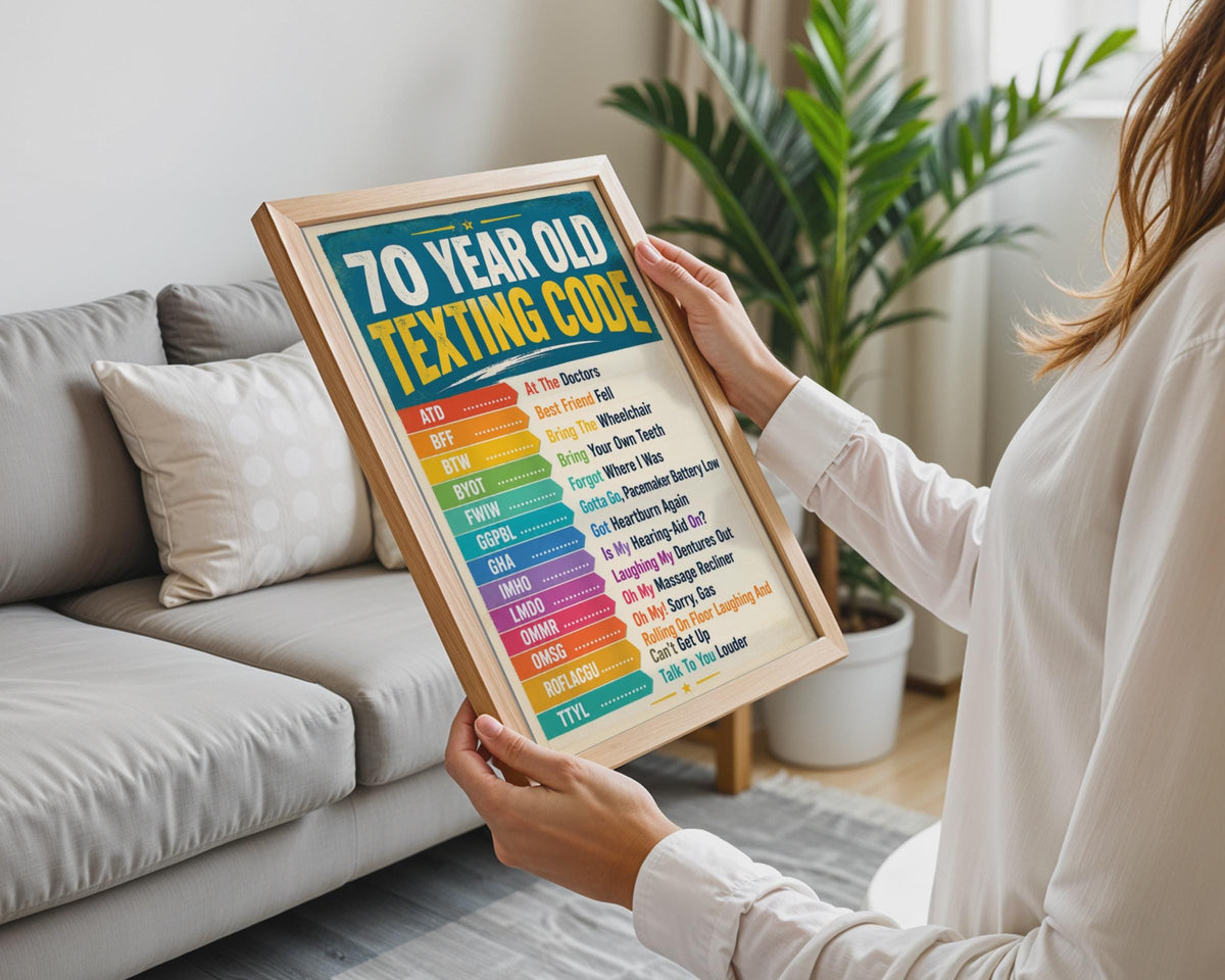 70 Year Old Texting Code Funny Poster, Humorous Birthday Wall Art Sign
