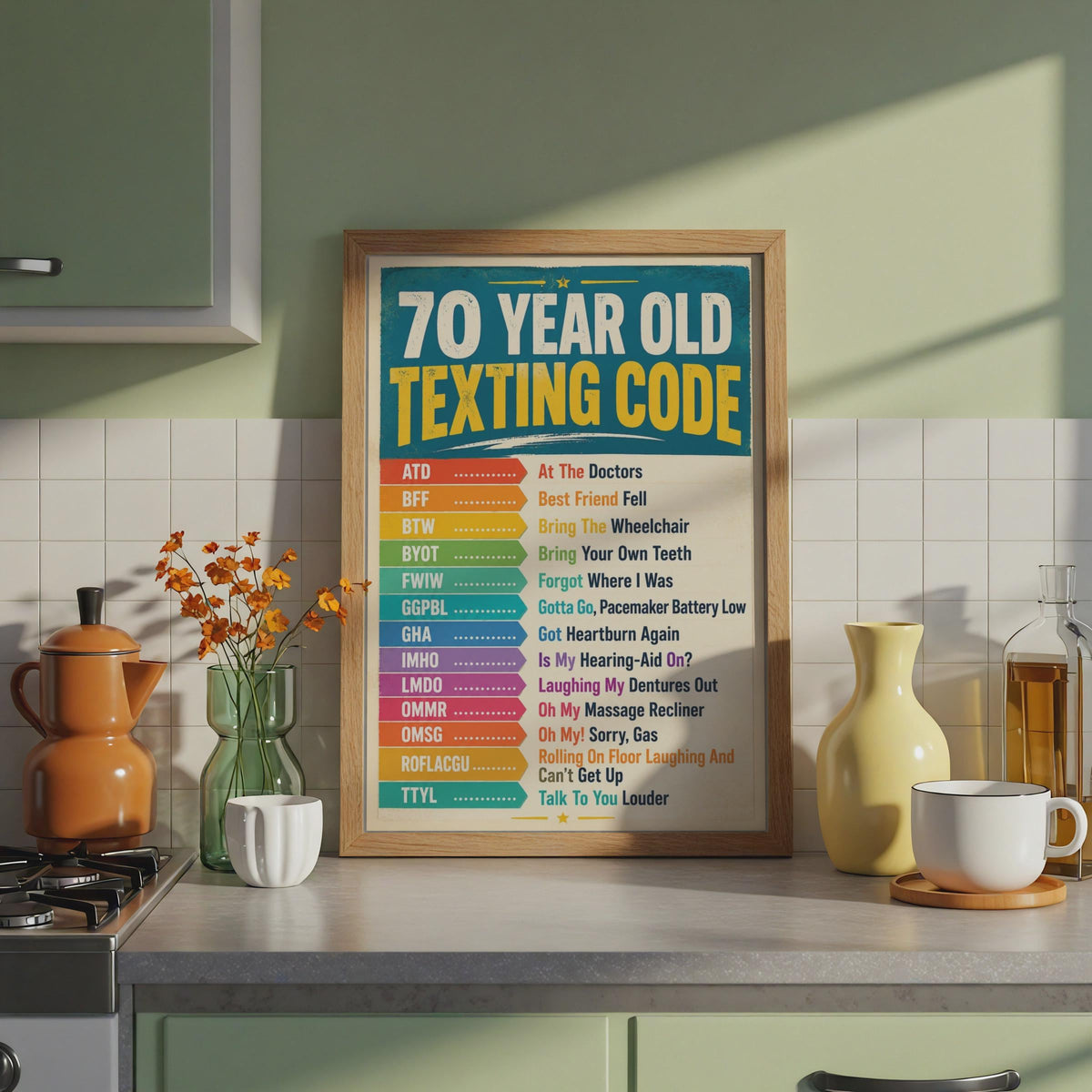 70 Year Old Texting Code Funny Poster, Humorous Birthday Wall Art Sign