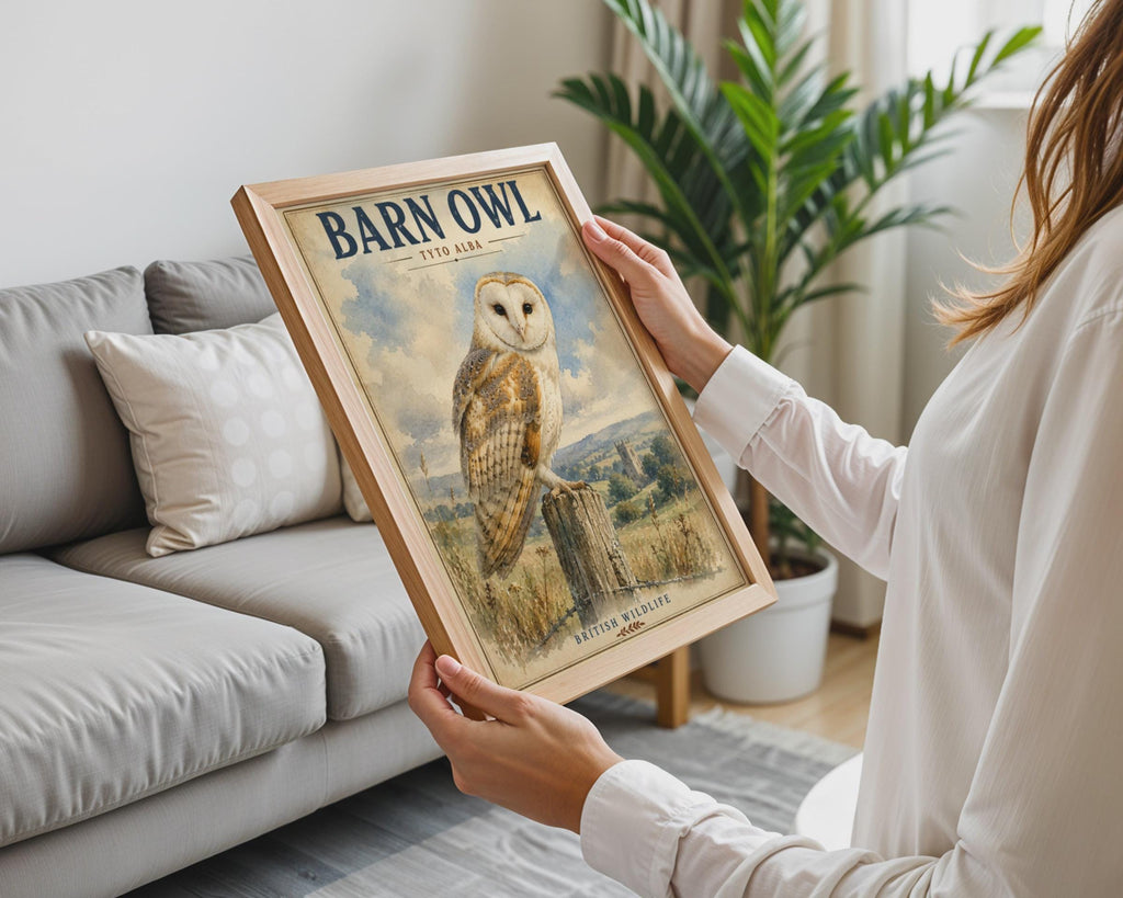 Barn Owl Print, British Wildlife Poster, Tyto Alba Watercolour Bird Wall Art
