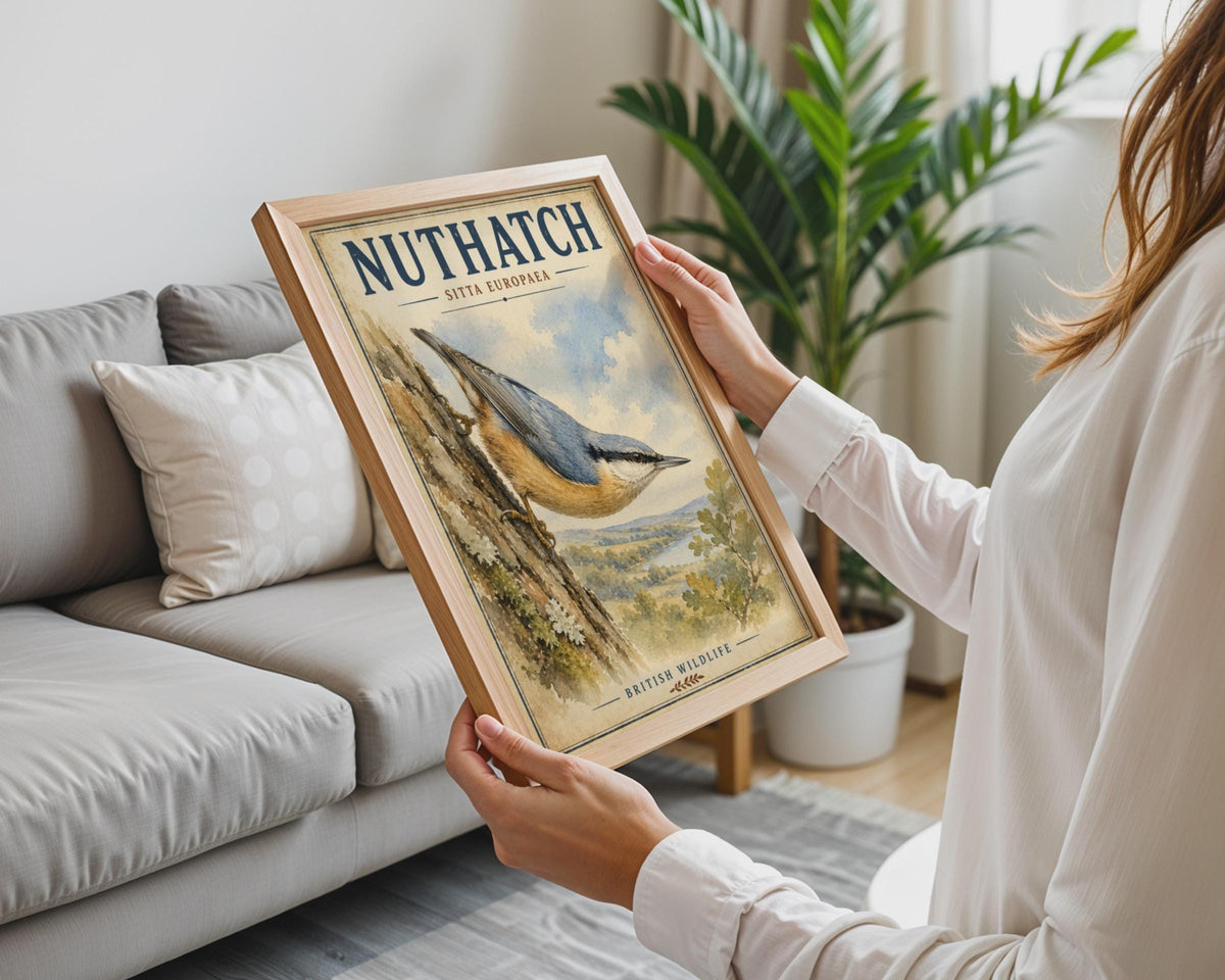 Nuthatch Bird Poster, British Wildlife Wall Art, Vintage Watercolour Nature Print