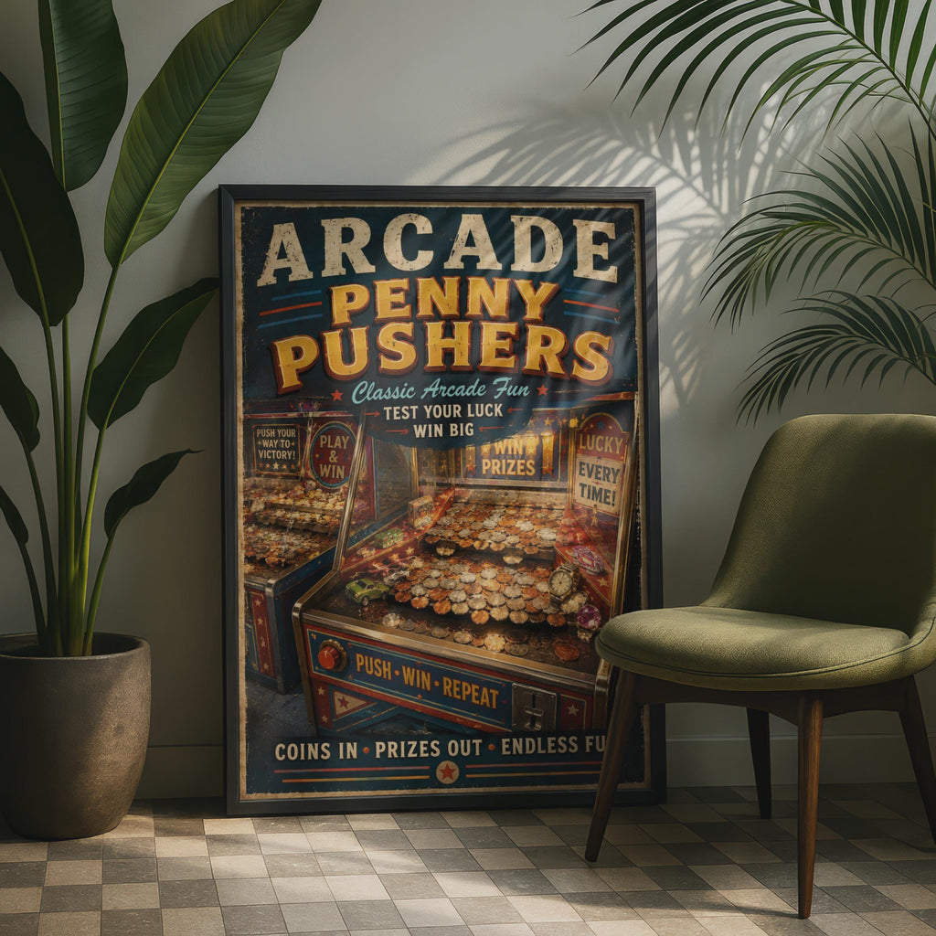 Arcade Penny Pusher Retro Poster, Vintage Coin Machine Wall Art, Games Room Print