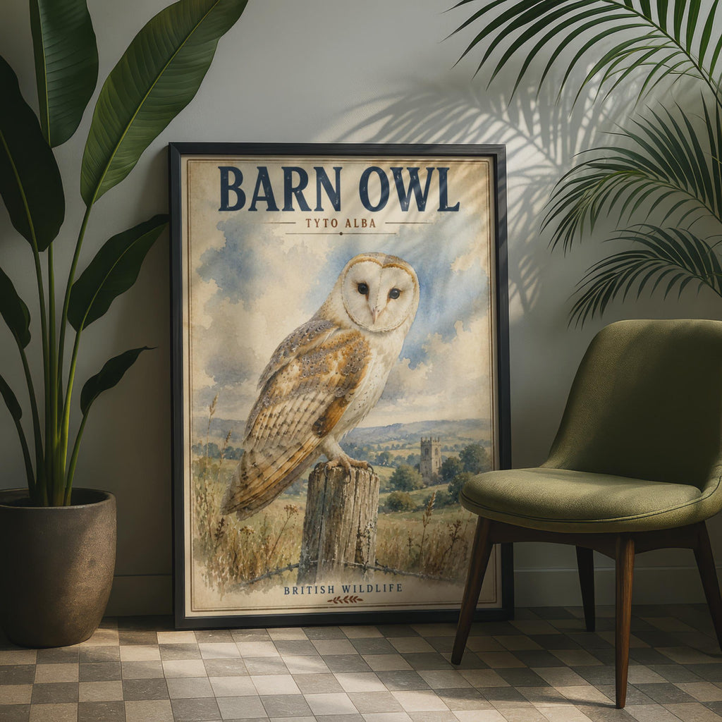 Barn Owl Print, British Wildlife Poster, Tyto Alba Watercolour Bird Wall Art