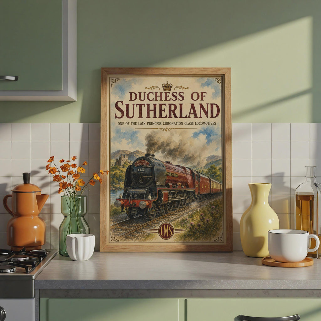 Duchess of Sutherland LMS Steam Train Poster, Vintage Railway Wall Art Print