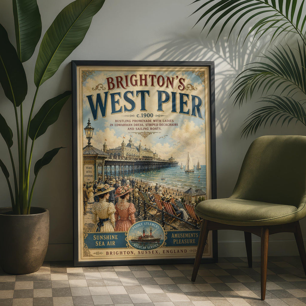 Brighton West Pier Vintage Travel Poster, Edwardian Seaside Wall Art Print Sussex
