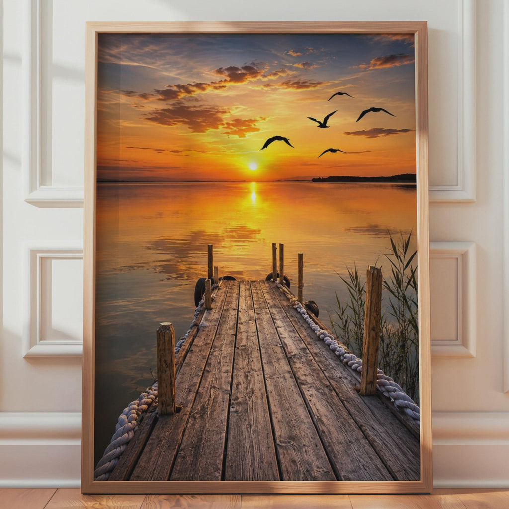 Tranquil Sunset Lake Dock Print, Bird Silhouette Wall Art, Golden Horizon Landscape