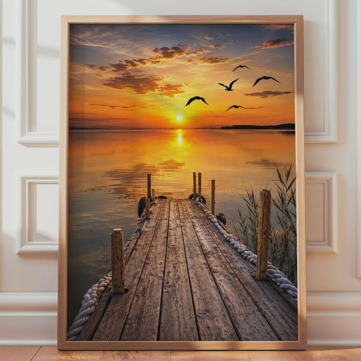 Tranquil Sunset Lake Dock Print, Bird Silhouette Wall Art, Golden Horizon Landscape