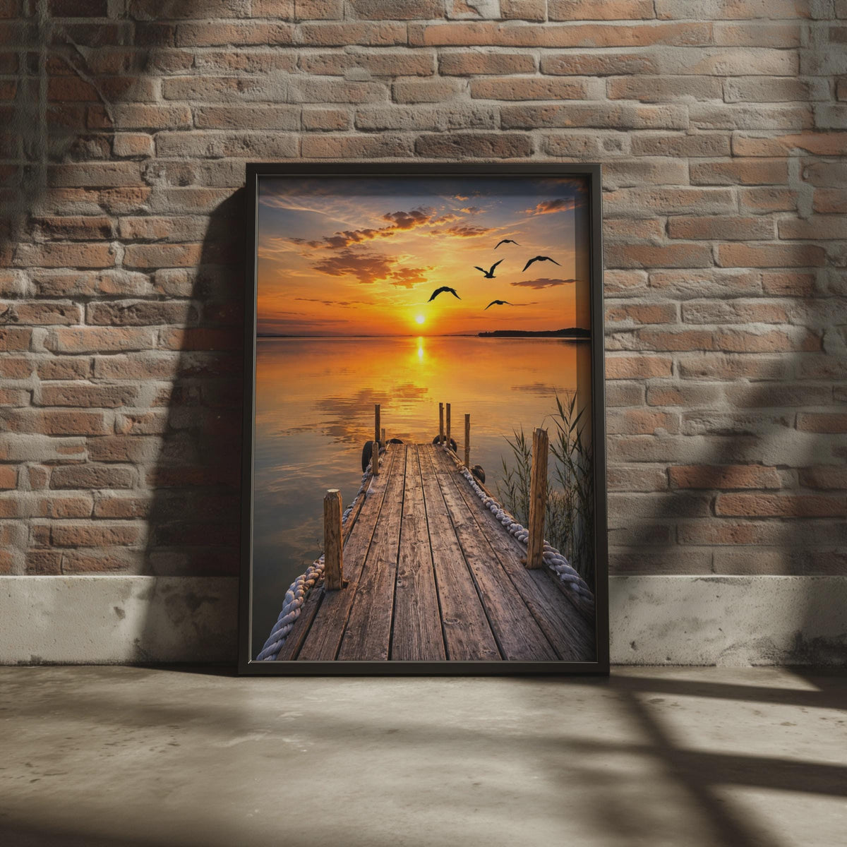 Tranquil Sunset Lake Dock Print, Bird Silhouette Wall Art, Golden Horizon Landscape