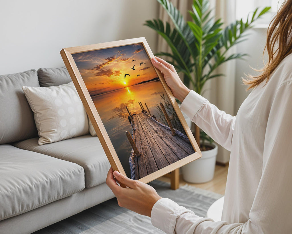 Tranquil Sunset Lake Dock Print, Bird Silhouette Wall Art, Golden Horizon Landscape
