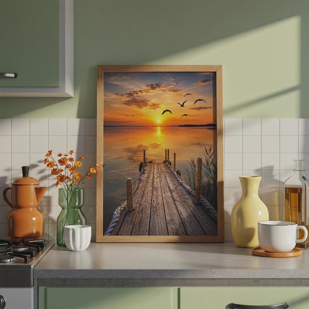 Tranquil Sunset Lake Dock Print, Bird Silhouette Wall Art, Golden Horizon Landscape
