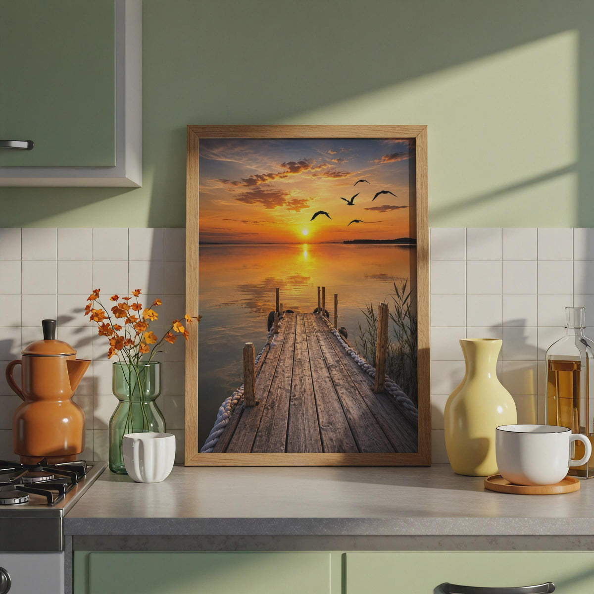 Tranquil Sunset Lake Dock Print, Bird Silhouette Wall Art, Golden Horizon Landscape