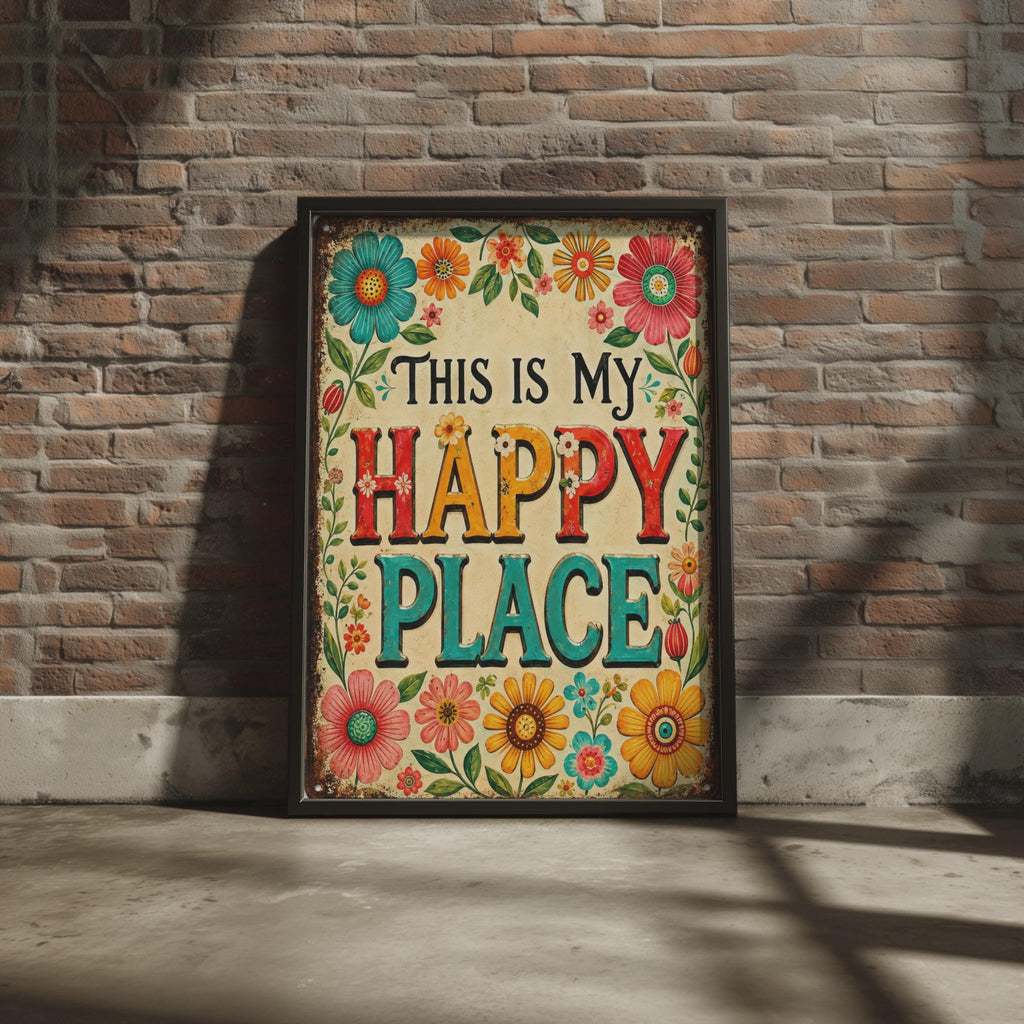 This Is My Happy Place Retro Floral Print, Colourful Boho Wall Art