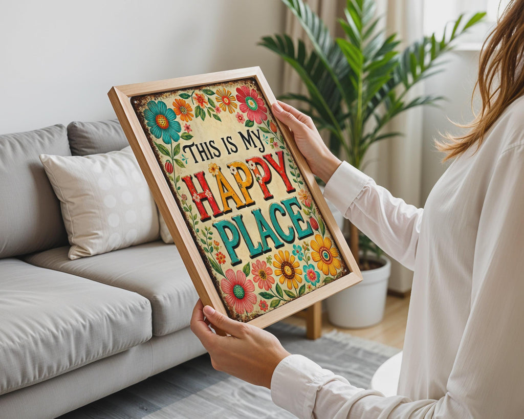 This Is My Happy Place Retro Floral Print, Colourful Boho Wall Art