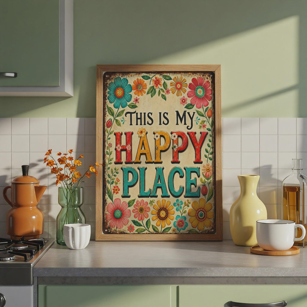 This Is My Happy Place Retro Floral Print, Colourful Boho Wall Art