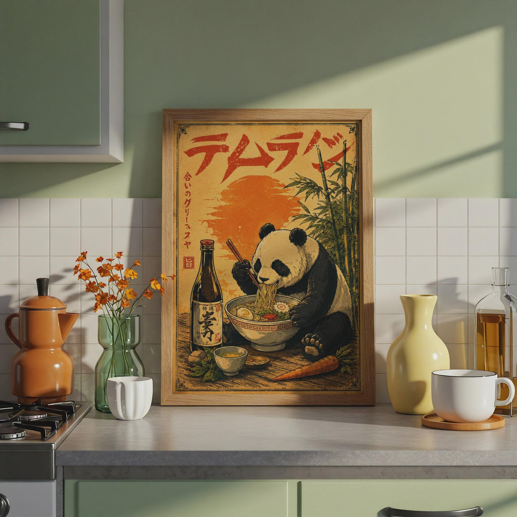 Panda Ramen Poster, Vintage Japanese Wall Art, Retro Asian Food Print