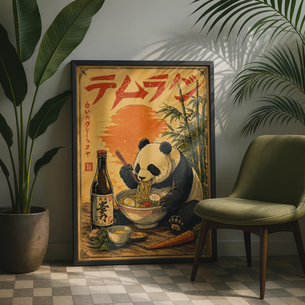 Panda Ramen Poster, Vintage Japanese Wall Art, Retro Asian Food Print