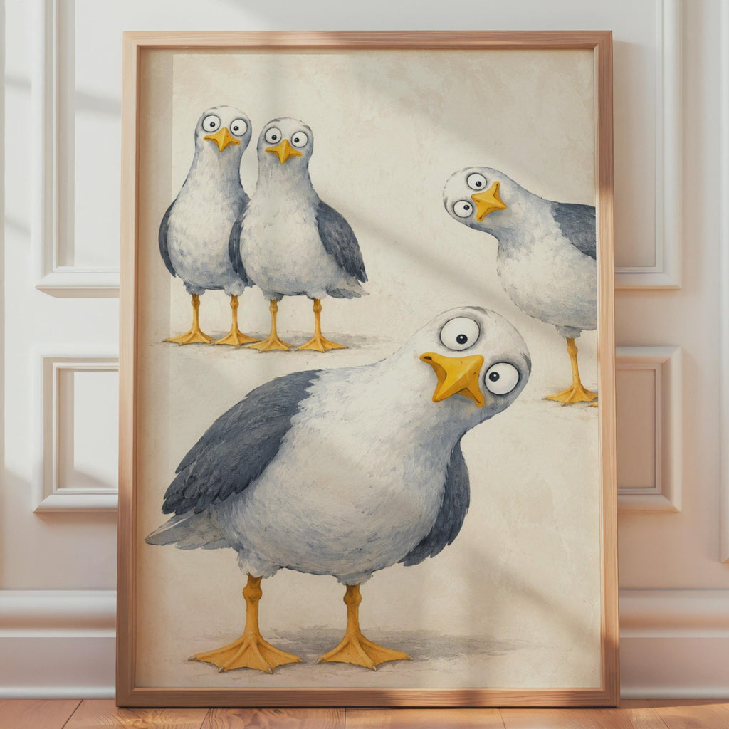 Cheeky Seagull Poster, Googly Eyes Cartoon Bird Art, Humorous Coastal print