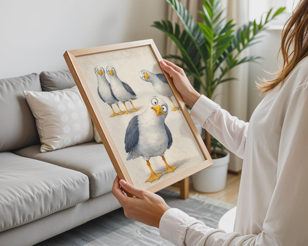 Cheeky Seagull Poster, Googly Eyes Cartoon Bird Art, Humorous Coastal print