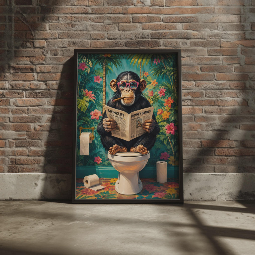 Chimpanzee Reading Newspaper Bathroom Print, Colourful Tropical Animal Wall Art
