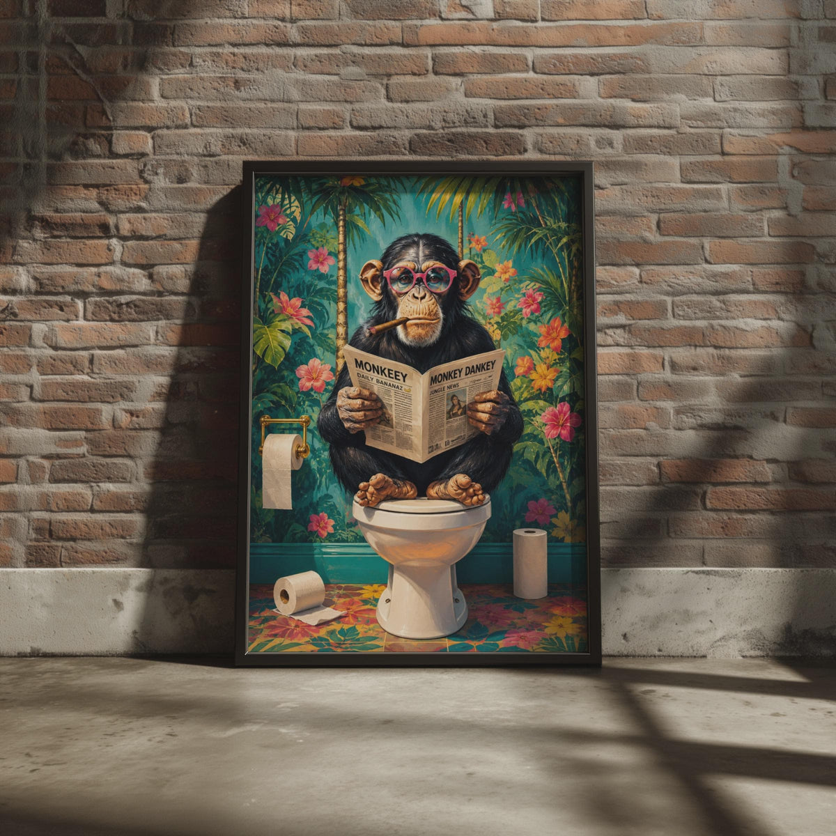 Chimpanzee Reading Newspaper Bathroom Print, Colourful Tropical Animal Wall Art