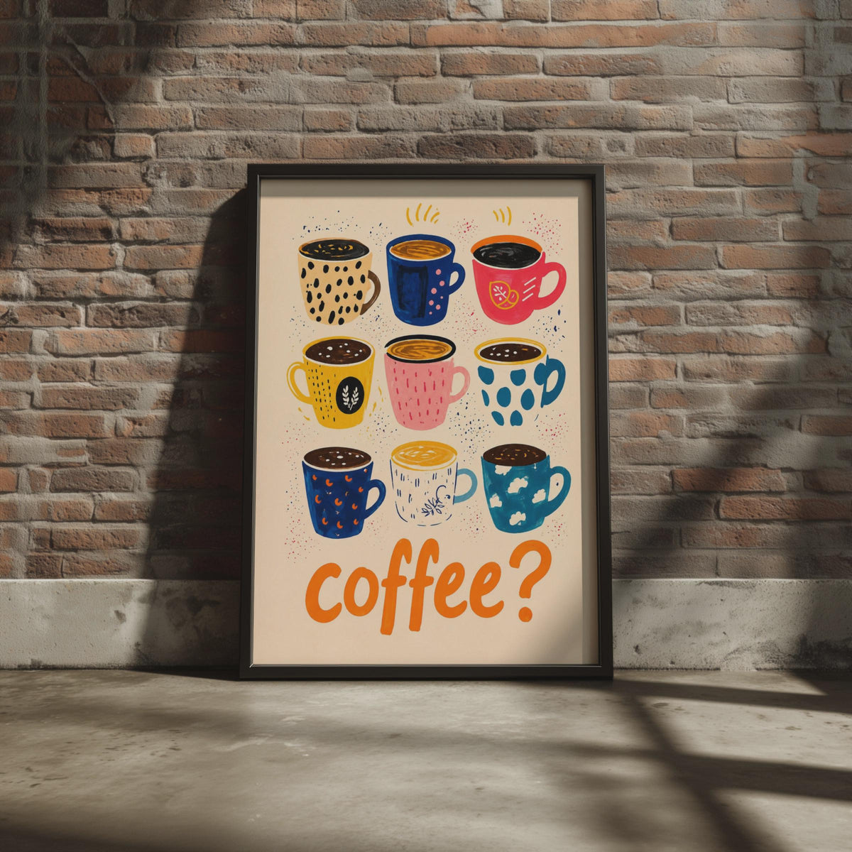 Illustrated Coffee Mugs Wall Art Print, Colorful Kitchen Decor Print