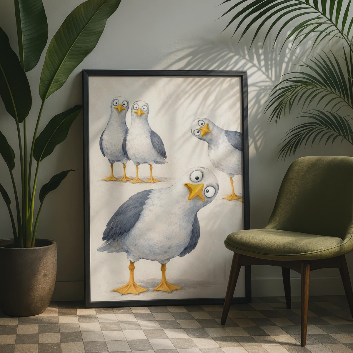 Cheeky Seagull Poster, Googly Eyes Cartoon Bird Art, Humorous Coastal print