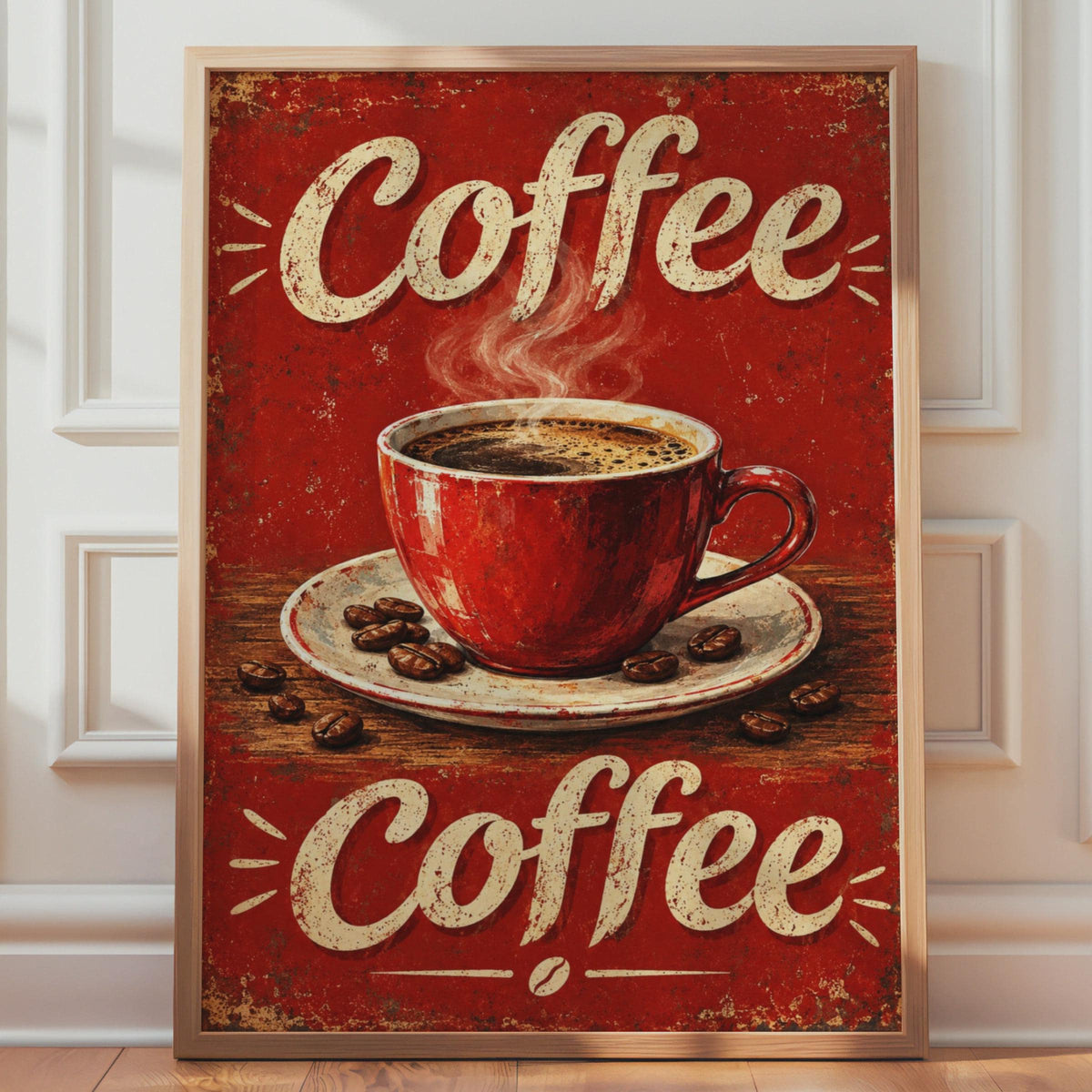 Vintage Red Coffee Cup Poster, Retro Cafe Wall Art, Distressed Coffee Bean Sign Print
