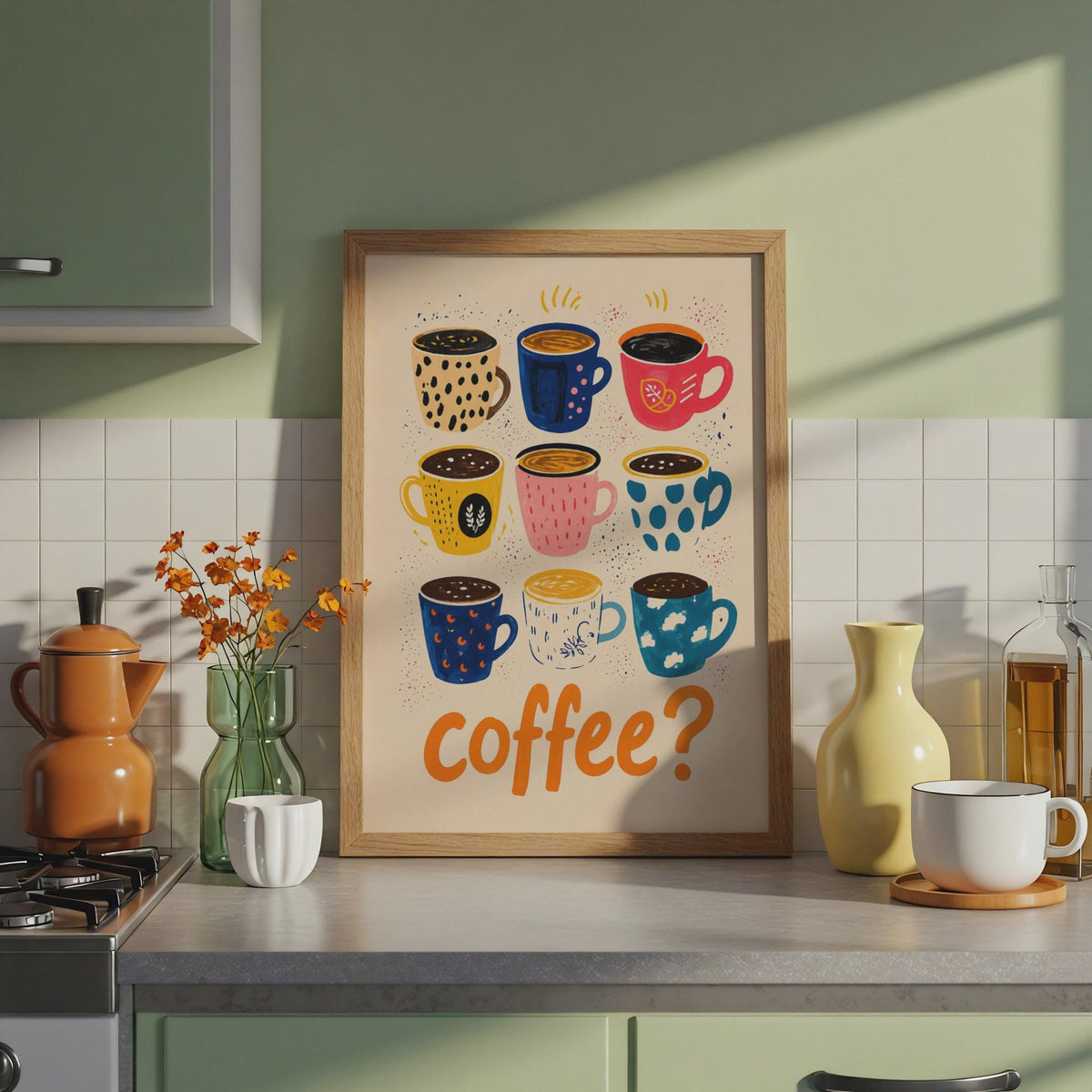 Illustrated Coffee Mugs Wall Art Print, Colorful Kitchen Decor Print