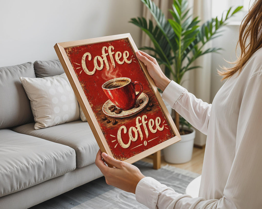 Vintage Red Coffee Cup Poster, Retro Cafe Wall Art, Distressed Coffee Bean Sign Print