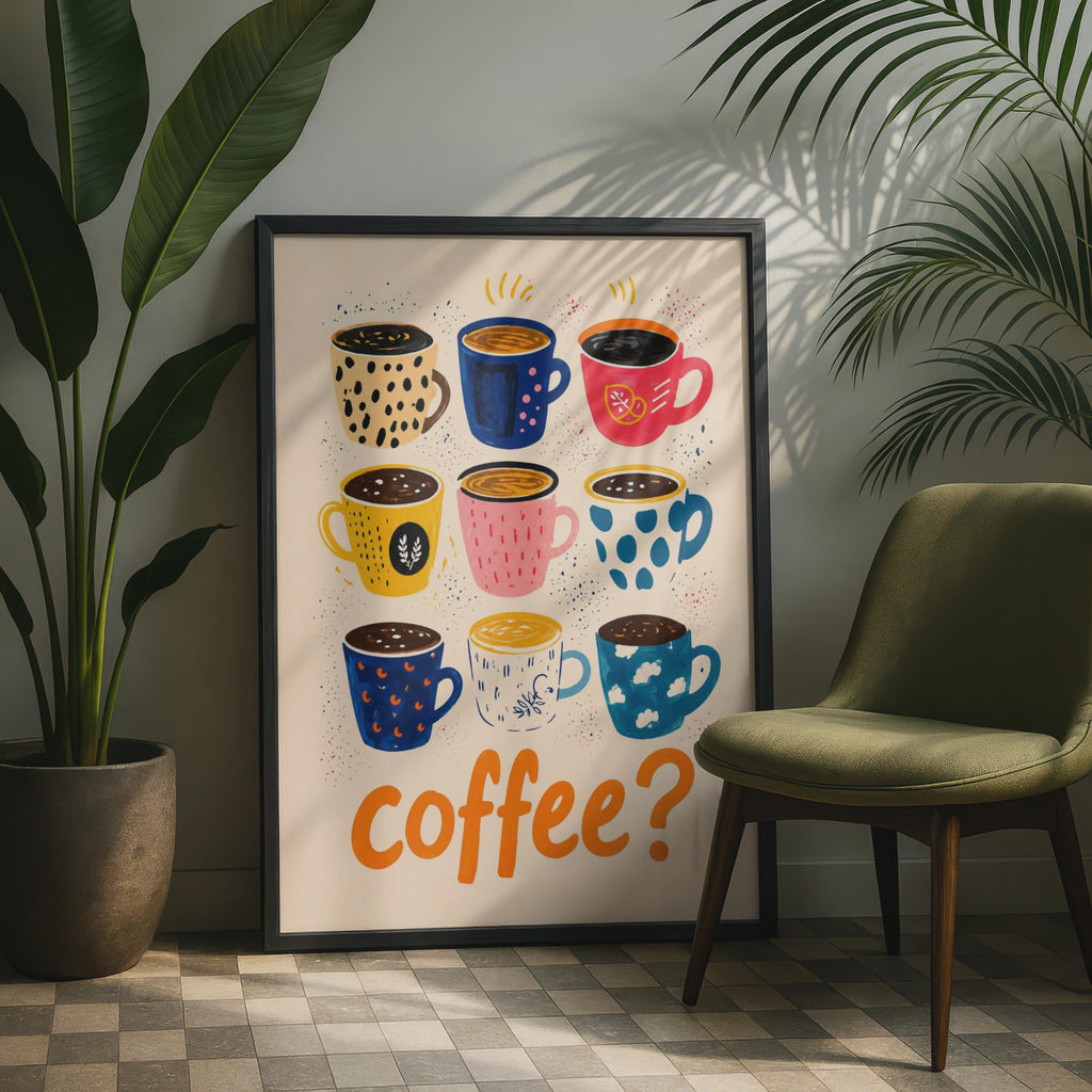 Illustrated Coffee Mugs Wall Art Print, Colorful Kitchen Decor Print