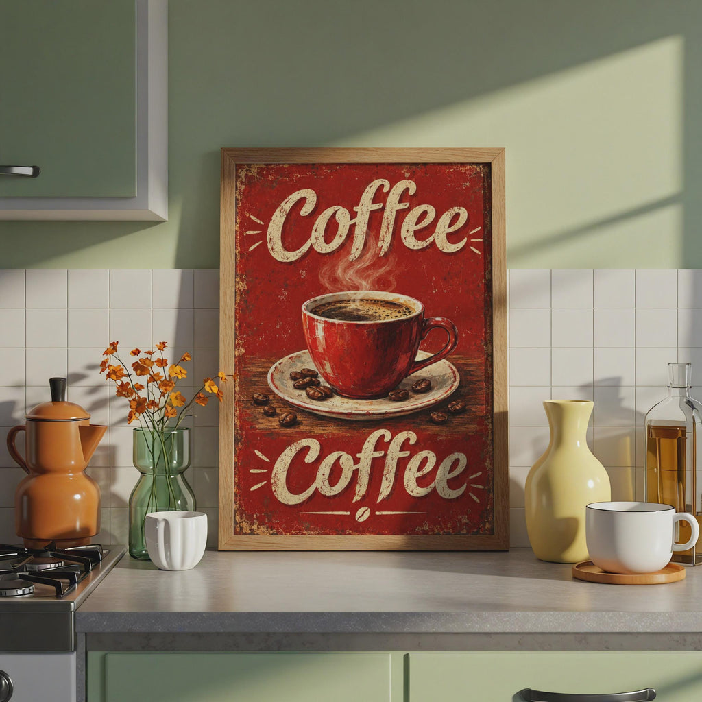 Vintage Red Coffee Cup Poster, Retro Cafe Wall Art, Distressed Coffee Bean Sign Print