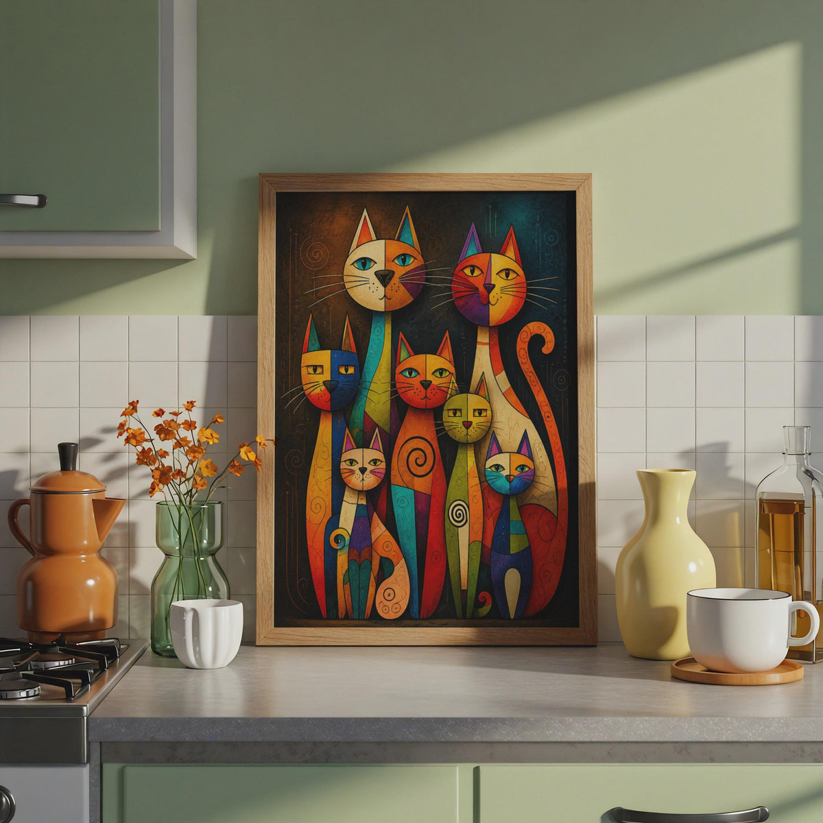 Abstract Cartoon Cats Print, Colorful Feline Wall Art, Geometric Animal Decor