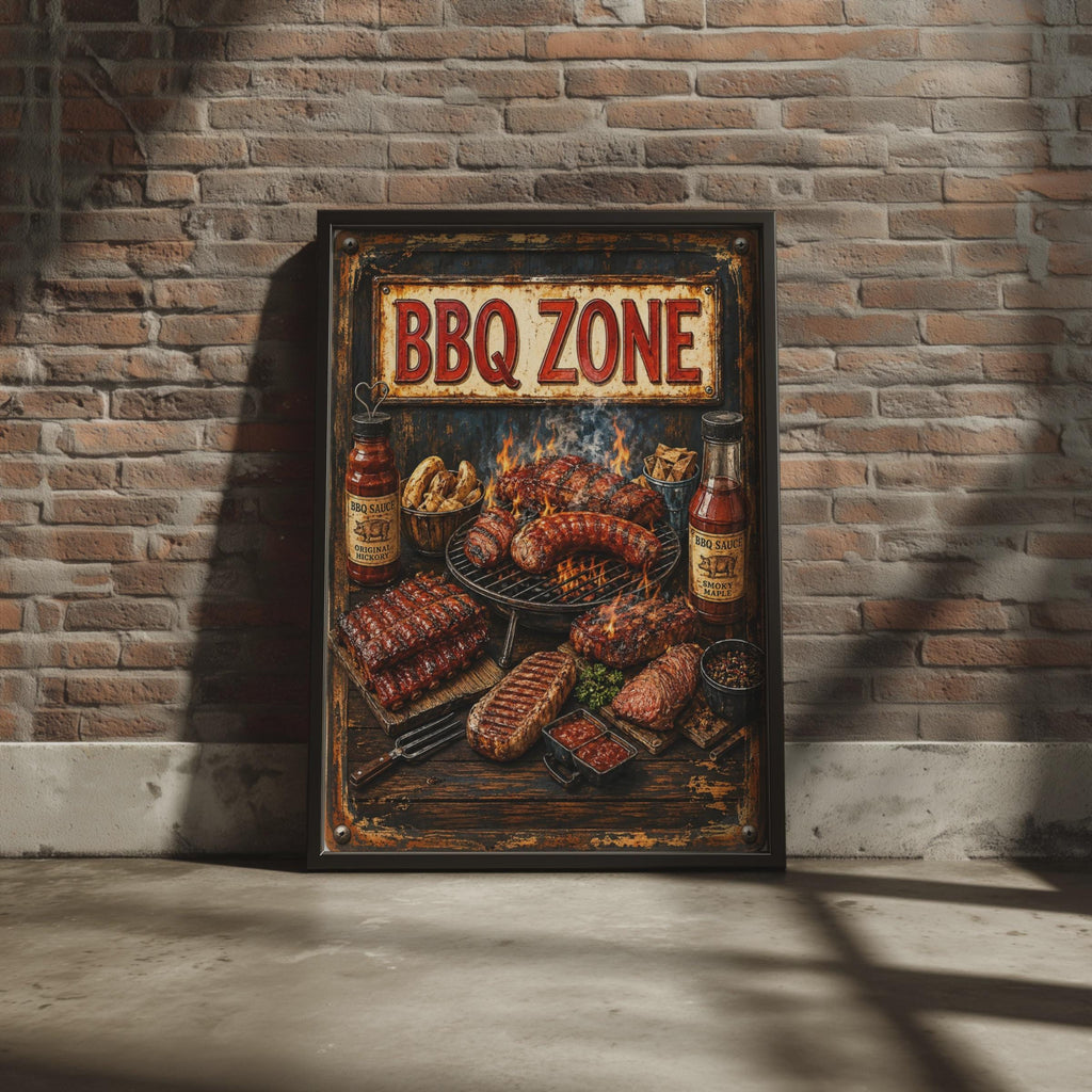 BBQ Zone Retro Grill Poster, Grilled Ribs Sausages, Smoky Maple Sauce (Wall Art Print)